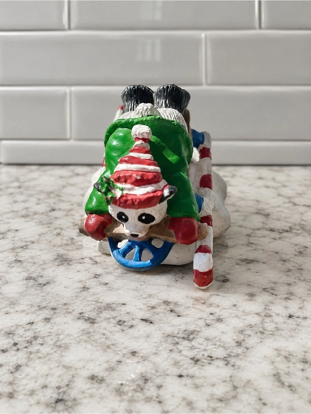 Vintage 1993 Christmas Panda Bear on Sled Figurine Holiday Collectible